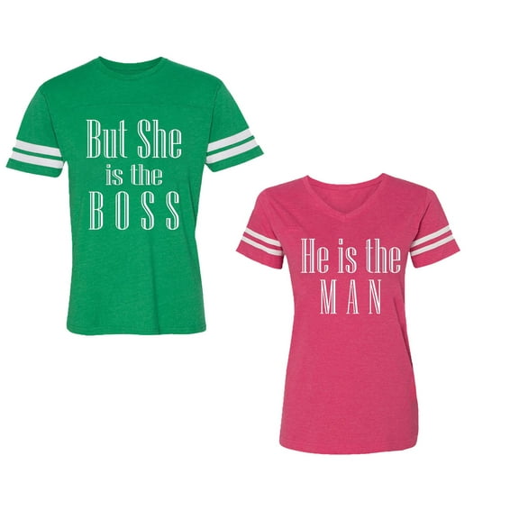But She is The Boss He is The Man Unisex Couple Matching Cotton Jersey style T-Shirt Contrasting stripes on sleeves (Men Green / Women Pink) (Men L / Women XL)