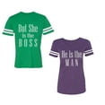 thumbnail image 1 of But She is The Boss He is The Man Unisex Couple Matching Cotton Jersey style T-Shirt Contrasting stripes on sleeves (Men Green / Women Purple) (Men M / Women S), 1 of 3