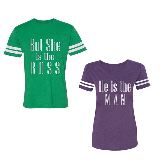 But She is The Boss He is The Man Unisex Couple Matching Cotton Jersey style T-Shirt Contrasting stripes on sleeves (Men Green / Women Purple) (Men XL / Women L)