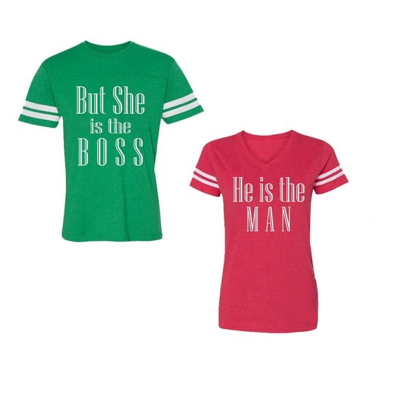 But She is The Boss He is The Man Unisex Couple Matching Cotton Jersey style T-Shirt Contrasting stripes on sleeves (Men Green / Women Red) (Men XL / Women XL)