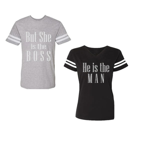 But She is The Boss He is The Man Unisex Couple Matching Cotton Jersey style T-Shirt Contrasting stripes on sleeves (Men Heather / Women Black) (Men S / Women S)