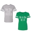 thumbnail image 1 of But She is The Boss He is The Man Unisex Couple Matching Cotton Jersey style T-Shirt Contrasting stripes on sleeves (Men Heather / Women Green) (Men L / Women S), 1 of 3