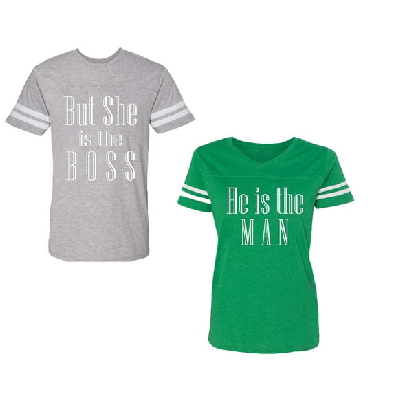 But She is The Boss He is The Man Unisex Couple Matching Cotton Jersey style T-Shirt Contrasting stripes on sleeves (Men Heather / Women Green) (Men M / Women XL)