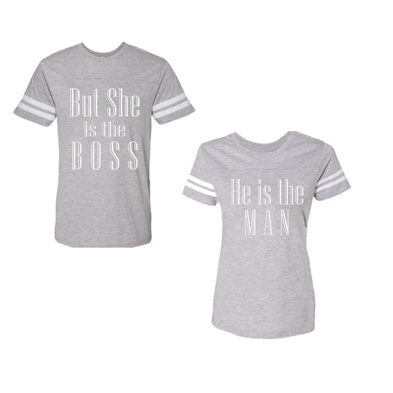 But She is The Boss He is The Man Unisex Couple Matching Cotton Jersey style T-Shirt Contrasting stripes on sleeves (Men Heather / Women Heather) (Men XXL / Women S)