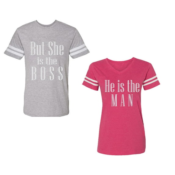 But She is The Boss He is The Man Unisex Couple Matching Cotton Jersey style T-Shirt Contrasting stripes on sleeves (Men Heather / Women Pink) (Men XL / Women M)
