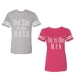 thumbnail image 1 of But She is The Boss He is The Man Unisex Couple Matching Cotton Jersey style T-Shirt Contrasting stripes on sleeves (Men Heather / Women Pink) (Men XL / Women XL), 1 of 3