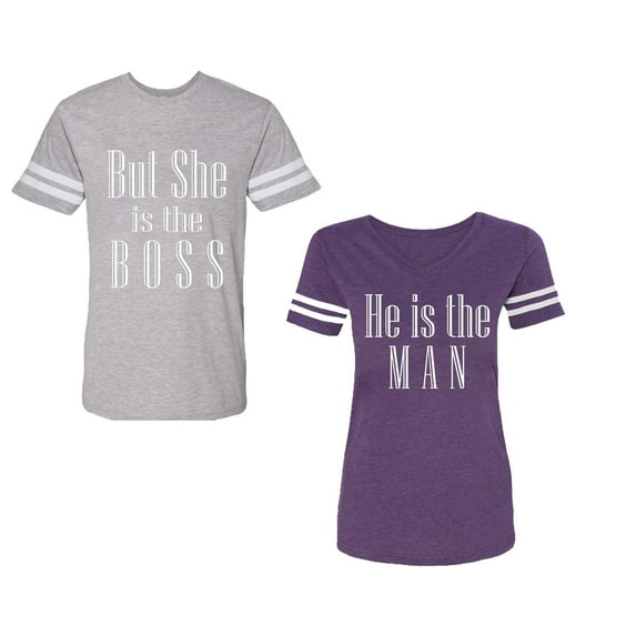 But She is The Boss He is The Man Unisex Couple Matching Cotton Jersey style T-Shirt Contrasting stripes on sleeves (Men Heather / Women Purple) (Men L / Women M)
