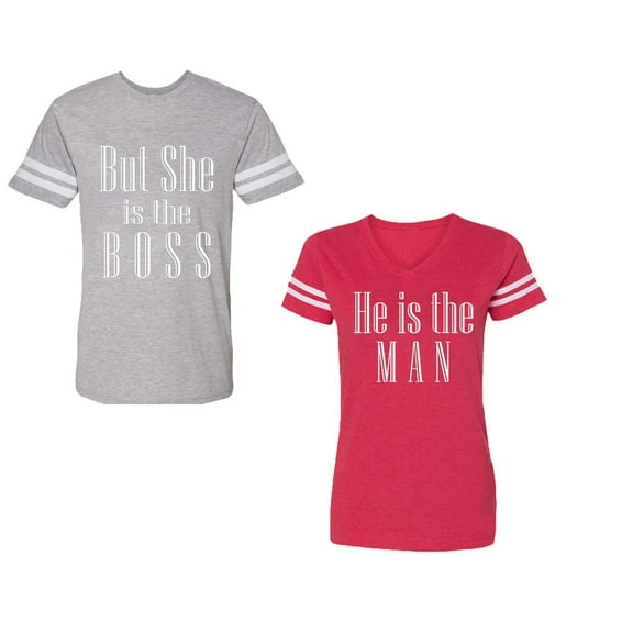 But She is The Boss He is The Man Unisex Couple Matching Cotton Jersey style T-Shirt Contrasting stripes on sleeves (Men Heather / Women Red) (Men XL / Women L)