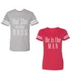 thumbnail image 1 of But She is The Boss He is The Man Unisex Couple Matching Cotton Jersey style T-Shirt Contrasting stripes on sleeves (Men Heather / Women Red) (Men XXXL / Women XXL), 1 of 3