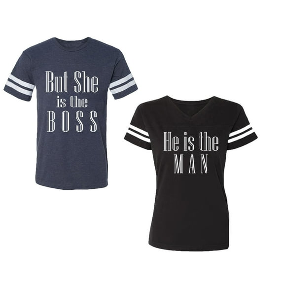 But She is The Boss He is The Man Unisex Couple Matching Cotton Jersey style T-Shirt Contrasting stripes on sleeves (Men Navy / Women Black) (Men S / Women S)