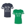 thumbnail image 1 of But She is The Boss He is The Man Unisex Couple Matching Cotton Jersey style T-Shirt Contrasting stripes on sleeves (Men Navy / Women Green) (Men L / Women S), 1 of 3