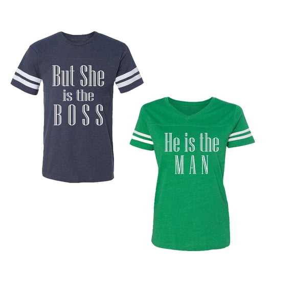 But She is The Boss He is The Man Unisex Couple Matching Cotton Jersey style T-Shirt Contrasting stripes on sleeves (Men Navy / Women Green) (Men XL / Women L)