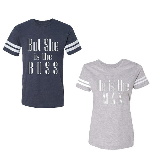 But She is The Boss He is The Man Unisex Couple Matching Cotton Jersey style T-Shirt Contrasting stripes on sleeves (Men Navy / Women Heather) (Men L / Women L)