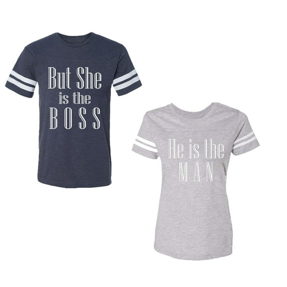 But She is The Boss He is The Man Unisex Couple Matching Cotton Jersey style T-Shirt Contrasting stripes on sleeves (Men Navy / Women Heather) (Men S / Women L)