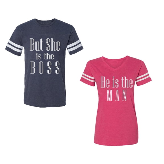 But She is The Boss He is The Man Unisex Couple Matching Cotton Jersey style T-Shirt Contrasting stripes on sleeves (Men Navy / Women Pink) (Men XL / Women L)