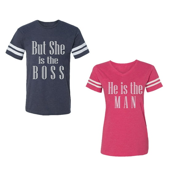 But She is The Boss He is The Man Unisex Couple Matching Cotton Jersey style T-Shirt Contrasting stripes on sleeves (Men Navy / Women Pink) (Men XXL / Women S)