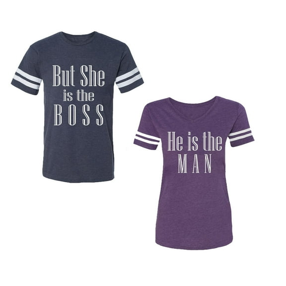But She is The Boss He is The Man Unisex Couple Matching Cotton Jersey style T-Shirt Contrasting stripes on sleeves (Men Navy / Women Purple) (Men S / Women L)