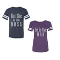 thumbnail image 1 of But She is The Boss He is The Man Unisex Couple Matching Cotton Jersey style T-Shirt Contrasting stripes on sleeves (Men Navy / Women Purple) (Men XXL / Women XL), 1 of 3