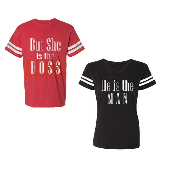 But She is The Boss He is The Man Unisex Couple Matching Cotton Jersey style T-Shirt Contrasting stripes on sleeves (Men Red / Women Black) (Men S / Women S)