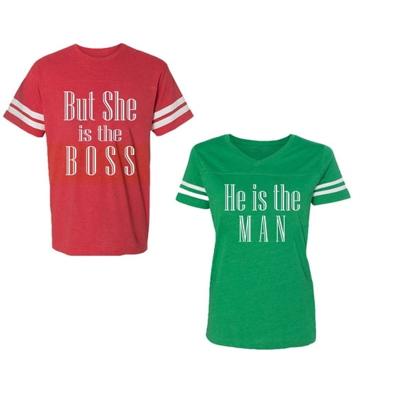 But She is The Boss He is The Man Unisex Couple Matching Cotton Jersey style T-Shirt Contrasting stripes on sleeves (Men Red / Women Green) (Men L / Women L)
