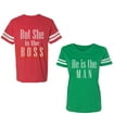 thumbnail image 1 of But She is The Boss He is The Man Unisex Couple Matching Cotton Jersey style T-Shirt Contrasting stripes on sleeves (Men Red / Women Green) (Men M / Women XL), 1 of 3