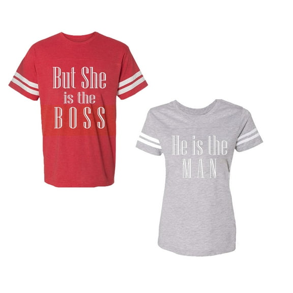 But She is The Boss He is The Man Unisex Couple Matching Cotton Jersey style T-Shirt Contrasting stripes on sleeves (Men Red / Women Heather) (Men XL / Women M)