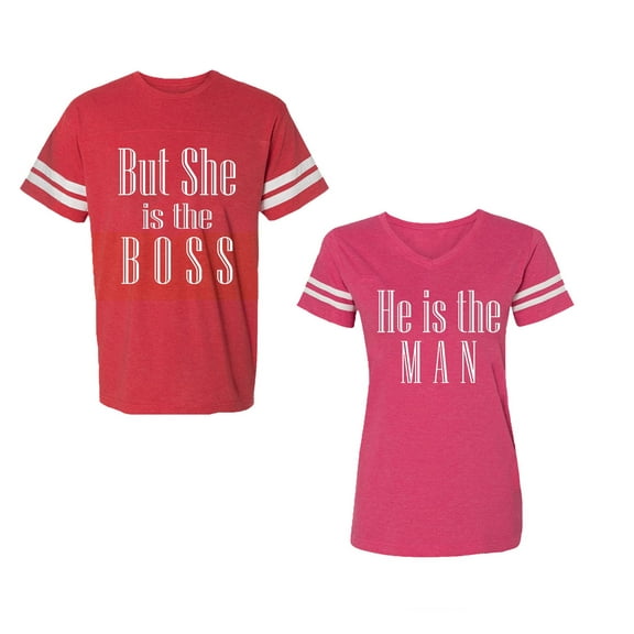 But She is The Boss He is The Man Unisex Couple Matching Cotton Jersey style T-Shirt Contrasting stripes on sleeves (Men Red / Women Pink) (Men L / Women M)