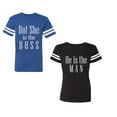 thumbnail image 1 of But She is The Boss He is The Man Unisex Couple Matching Cotton Jersey style T-Shirt Contrasting stripes on sleeves (Men Royal / Women Black) (Men L / Women XL), 1 of 3