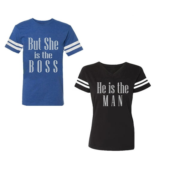 But She is The Boss He is The Man Unisex Couple Matching Cotton Jersey style T-Shirt Contrasting stripes on sleeves (Men Royal / Women Black) (Men S / Women XXL)