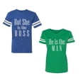 thumbnail image 1 of But She is The Boss He is The Man Unisex Couple Matching Cotton Jersey style T-Shirt Contrasting stripes on sleeves (Men Royal / Women Green) (Men M / Women M), 1 of 3