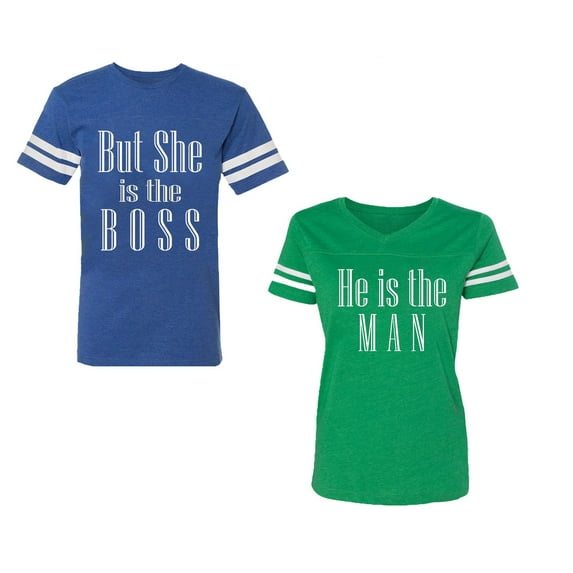 But She is The Boss He is The Man Unisex Couple Matching Cotton Jersey style T-Shirt Contrasting stripes on sleeves (Men Royal / Women Green) (Men S / Women L)