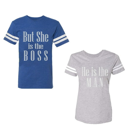 But She is The Boss He is The Man Unisex Couple Matching Cotton Jersey style T-Shirt Contrasting stripes on sleeves (Men Royal / Women Heather) (Men XL / Women S)