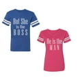 thumbnail image 1 of But She is The Boss He is The Man Unisex Couple Matching Cotton Jersey style T-Shirt Contrasting stripes on sleeves (Men Royal / Women Pink) (Men S / Women L), 1 of 3