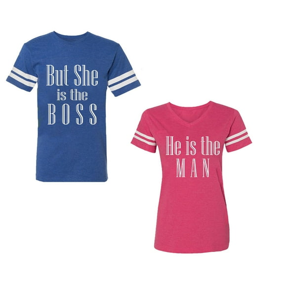 But She is The Boss He is The Man Unisex Couple Matching Cotton Jersey style T-Shirt Contrasting stripes on sleeves (Men Royal / Women Pink) (Men S / Women XL)