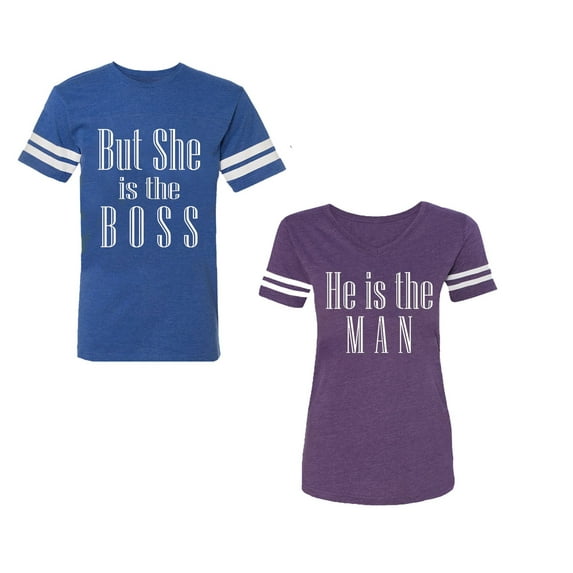 But She is The Boss He is The Man Unisex Couple Matching Cotton Jersey style T-Shirt Contrasting stripes on sleeves (Men Royal / Women Purple) (Men XL / Women XL)