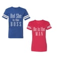 thumbnail image 1 of But She is The Boss He is The Man Unisex Couple Matching Cotton Jersey style T-Shirt Contrasting stripes on sleeves (Men Royal / Women Red) (Men XL / Women L), 1 of 3