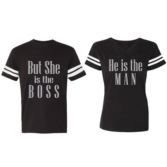 But She is The Boss He is The Man Matching Couple Cotton Jerseys (Men Black / Women Black) (Men L / Women S)