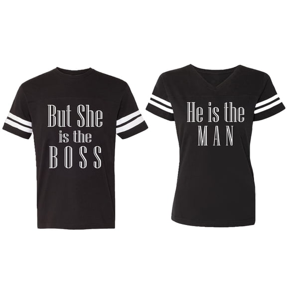 But She is The Boss He is The Man Matching Couple Cotton Jerseys (Men Black / Women Black) (Men XL / Women L)