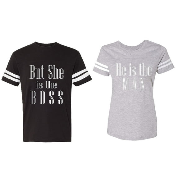 But She is The Boss He is The Man Matching Couple Cotton Jerseys (Men Black / Women Heather) (Men XL / Women L)