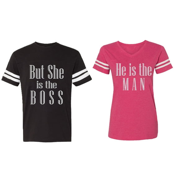 But She is The Boss He is The Man Matching Couple Cotton Jerseys (Men Black / Women Pink) (Men XL / Women S)