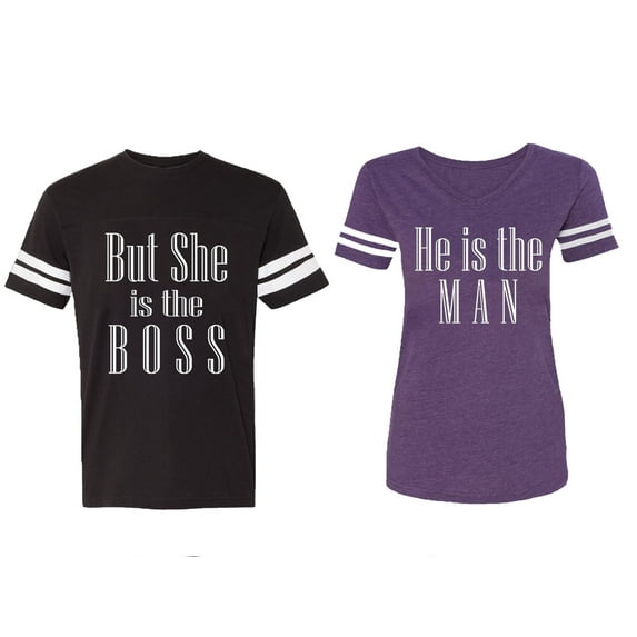 But She is The Boss He is The Man Matching Couple Cotton Jerseys (Men Black / Women Purple) (Men S / Women L)