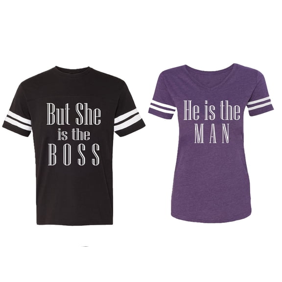 But She is The Boss He is The Man Matching Couple Cotton Jerseys (Men Black / Women Purple) (Men XXL / Women M)