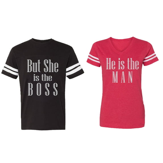 But She is The Boss He is The Man Matching Couple Cotton Jerseys (Men Black / Women Red) (Men L / Women M)