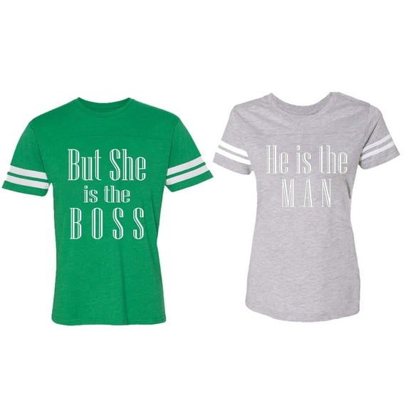 But She is The Boss He is The Man Matching Couple Cotton Jerseys (Men Green / Women Heather) (Men M / Women S)