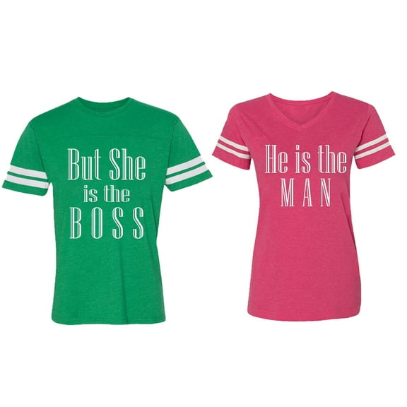 But She is The Boss He is The Man Matching Couple Cotton Jerseys (Men Green / Women Pink) (Men L / Women XXL)