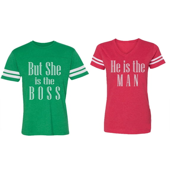 But She is The Boss He is The Man Matching Couple Cotton Jerseys (Men Green / Women Red) (Men XL / Women XL)