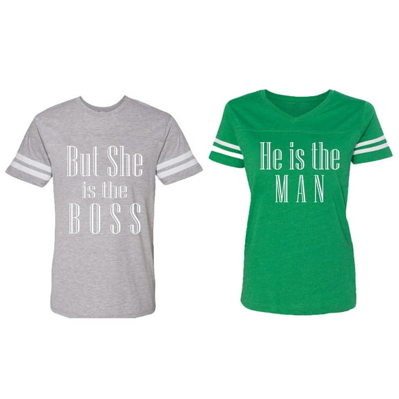 But She is The Boss He is The Man Matching Couple Cotton Jerseys (Men Heather / Women Green) (Men S / Women L)