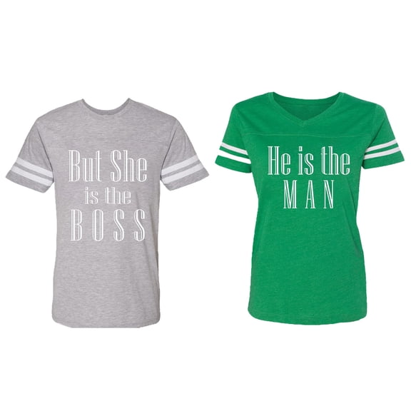 But She is The Boss He is The Man Matching Couple Cotton Jerseys (Men Heather / Women Green) (Men XXL / Women S)