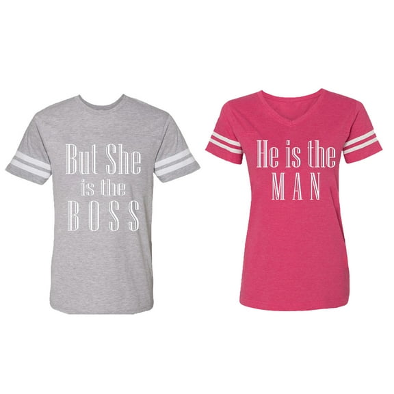 But She is The Boss He is The Man Matching Couple Cotton Jerseys (Men Heather / Women Pink) (Men L / Women XL)