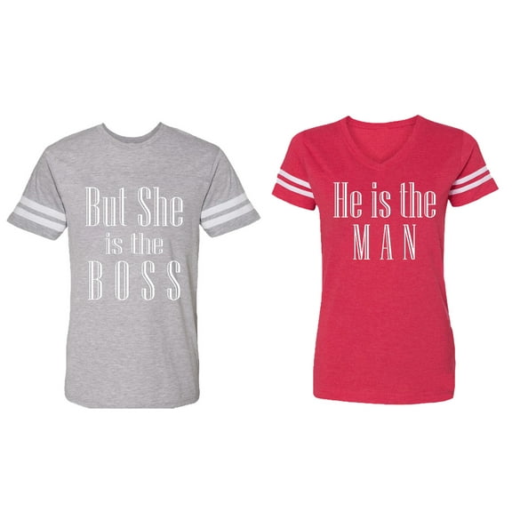 But She is The Boss He is The Man Matching Couple Cotton Jerseys (Men Heather / Women Red) (Men L / Women XXL)